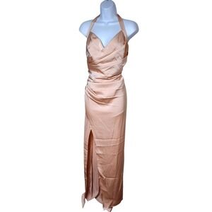 NWT Azazie x Kendall & Kylie Halter Satin Mermaid Gown A18 English Rose Slit
